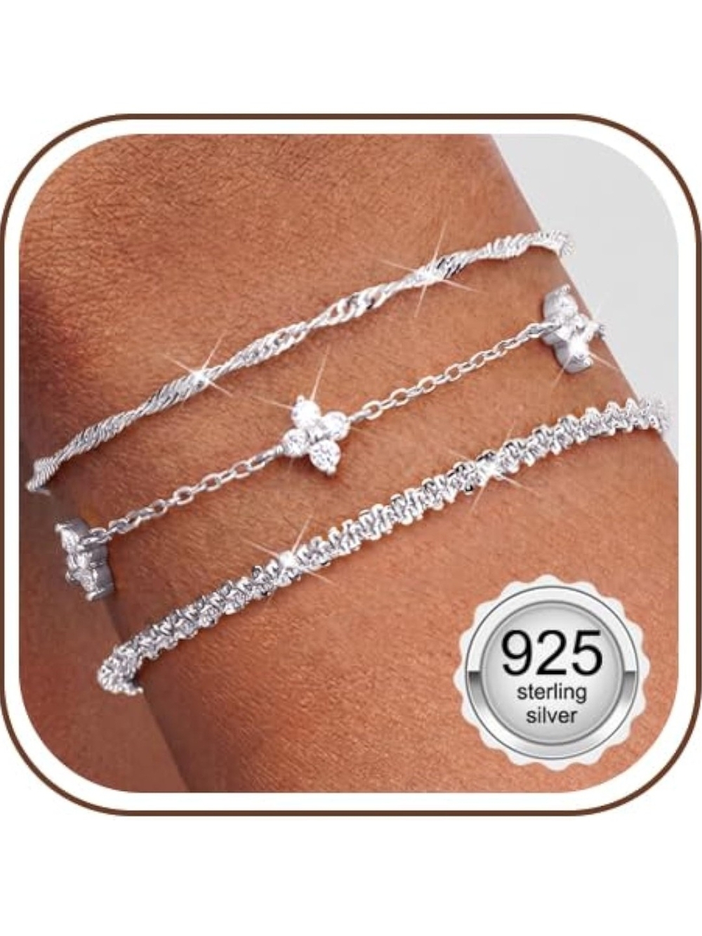 Sterling Silver 3‑Piece Bracelet Set with Clover Accents - Silver